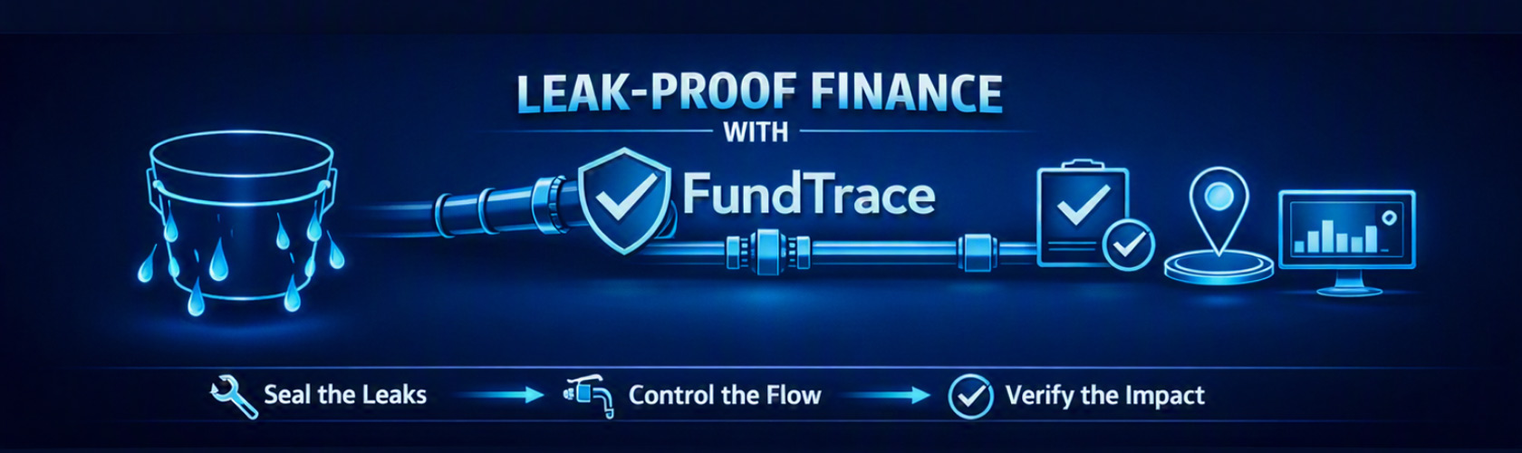 FundTrace leak-proof finance diagram: a leaking bucket of funds flows through a FundTrace-verified pipe to compliance, tracking and monitoring checkpoints โ Seal the Leaks, Control the Flow, Verify the Impact.
